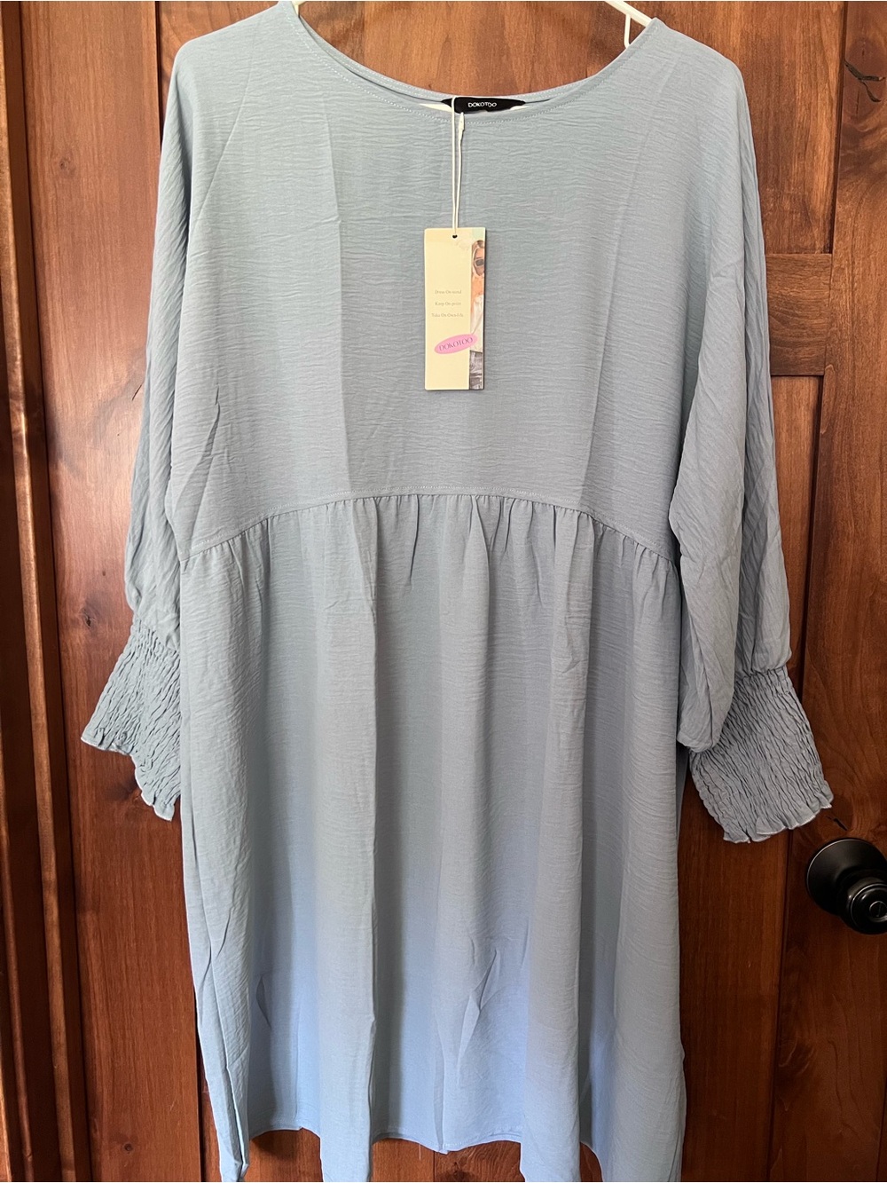 Casual Light Blue Midi Babydoll Dress with Smocked Cuffs
